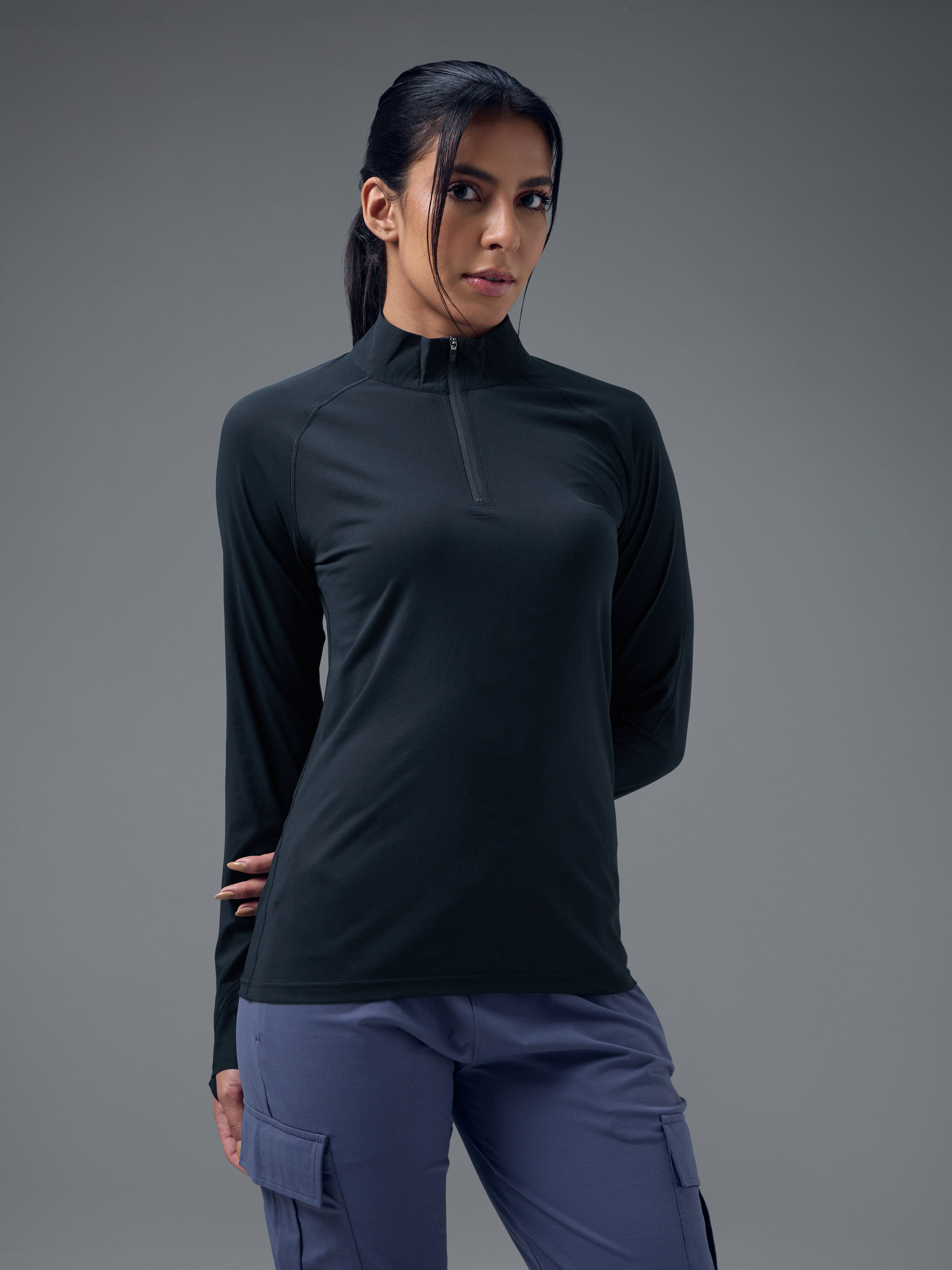 Women Slim Fit Mock Neck Thumbhole Sleeve Solid T-shirt with COTFLEX