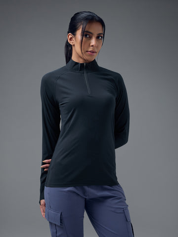 Women Slim Fit Mock Neck Thumbhole Sleeve Solid T-shirt with COTFLEX