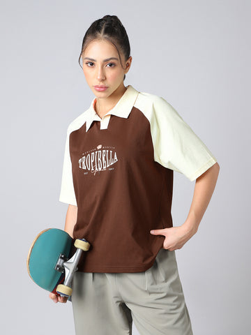 Women Colorblock Oversized Fit Polo T-shirt with COTFLEX