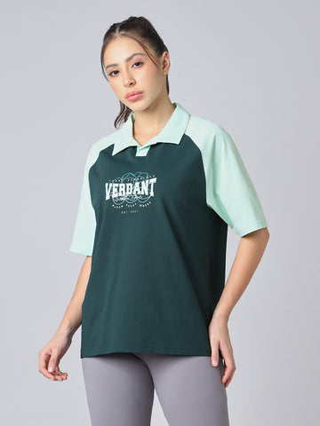 Women Colorblock Oversized Fit Polo T-shirt with COTFLEX