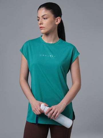 Women Typography Print Regular Fit Round Neck Sports Tee with VENTMESH