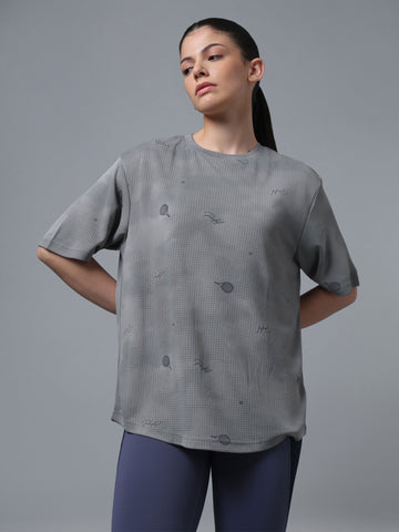 Women Printed OverSized  Crew Neck Drop Shoulder T-shirt with TECHNO COOL+