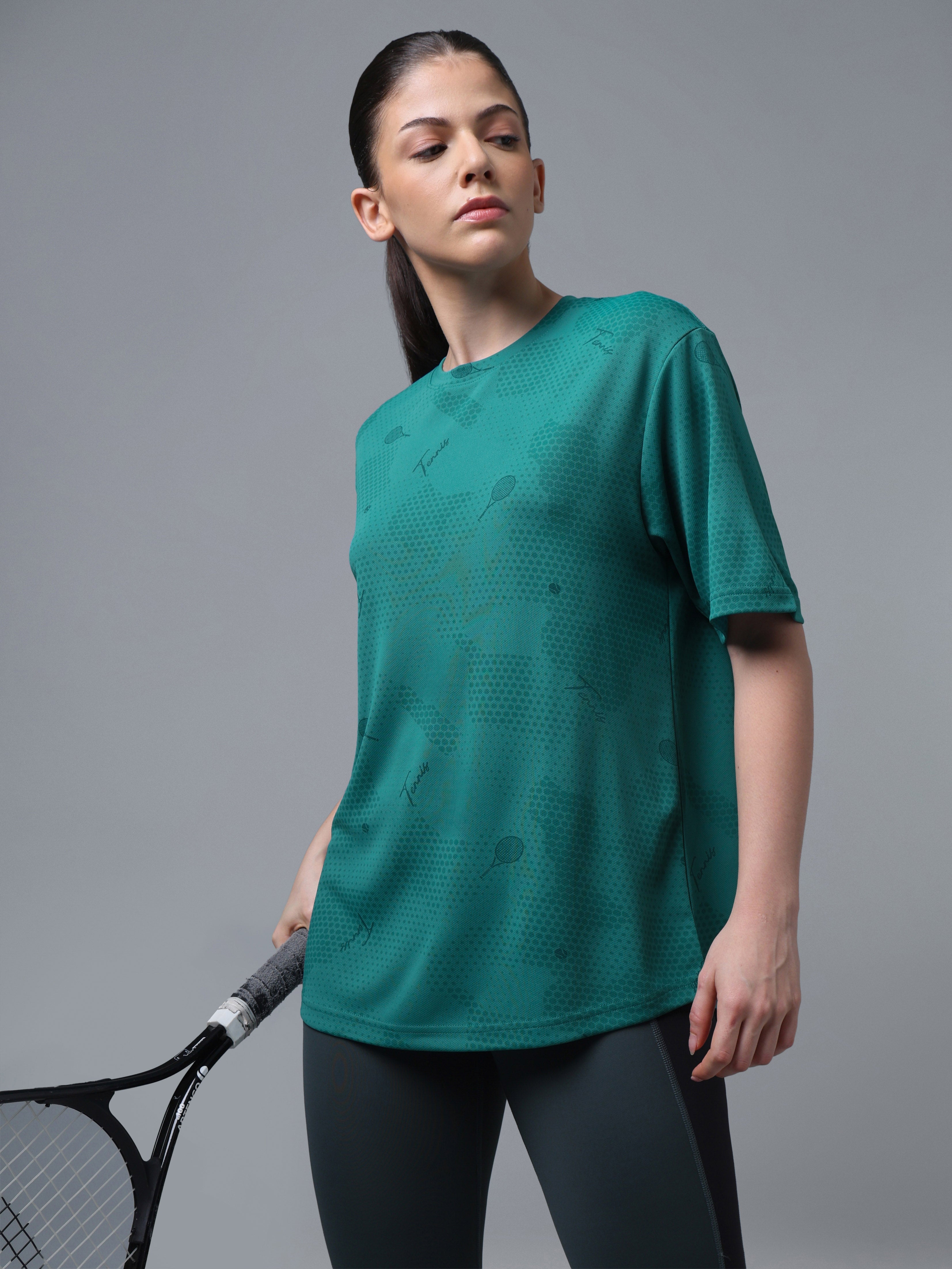 Women Printed OverSized  Crew Neck Drop Shoulder T-shirt with TECHNO COOL+