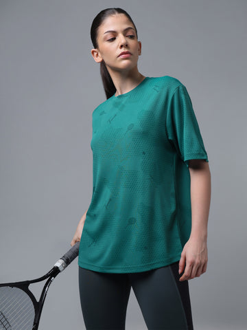 Women Printed OverSized  Crew Neck Drop Shoulder T-shirt with TECHNO COOL+