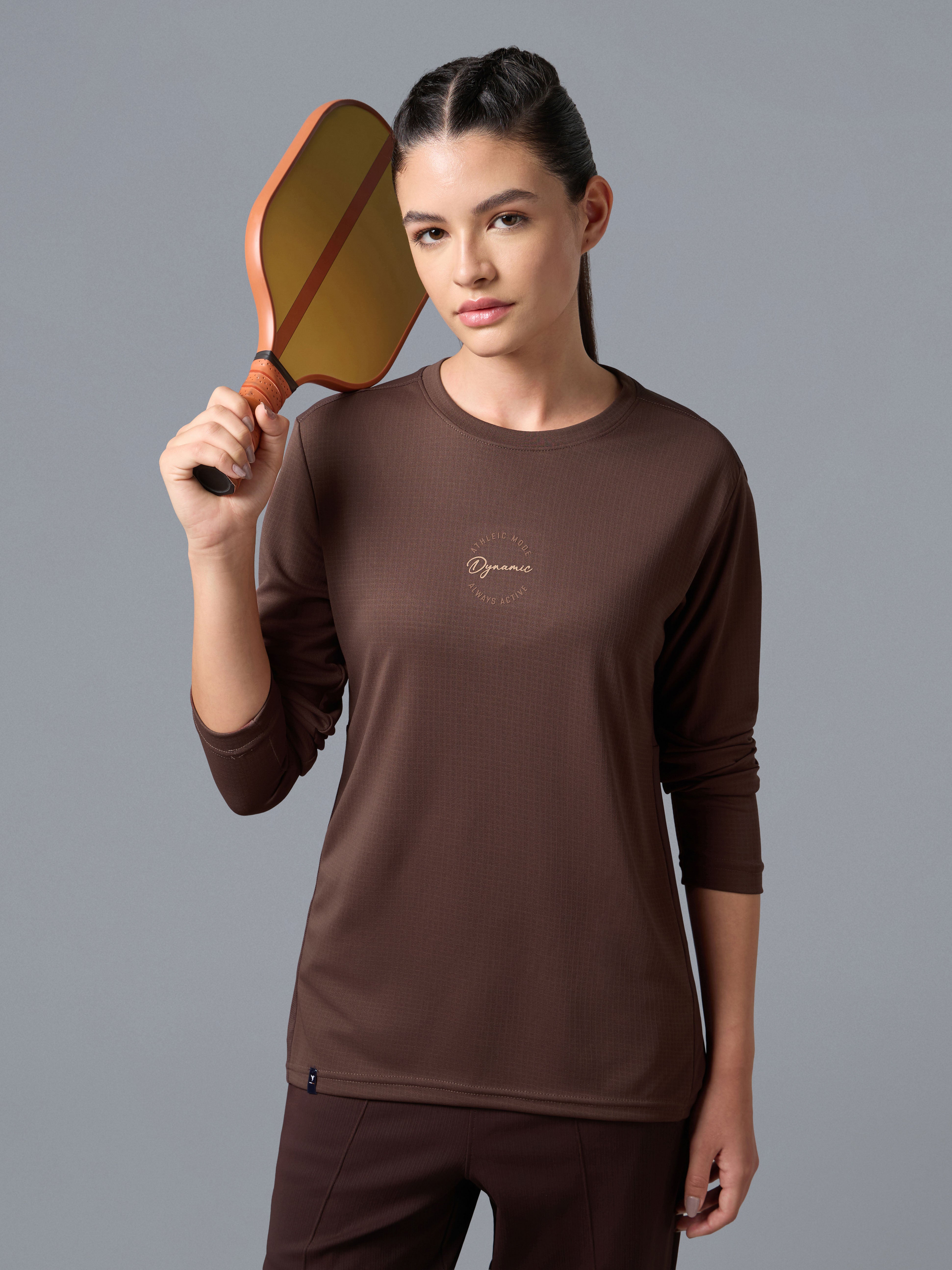 Women Printed Slim Fit Round Neck Full Sleeve Sports Tee with TECHNOCOOL+