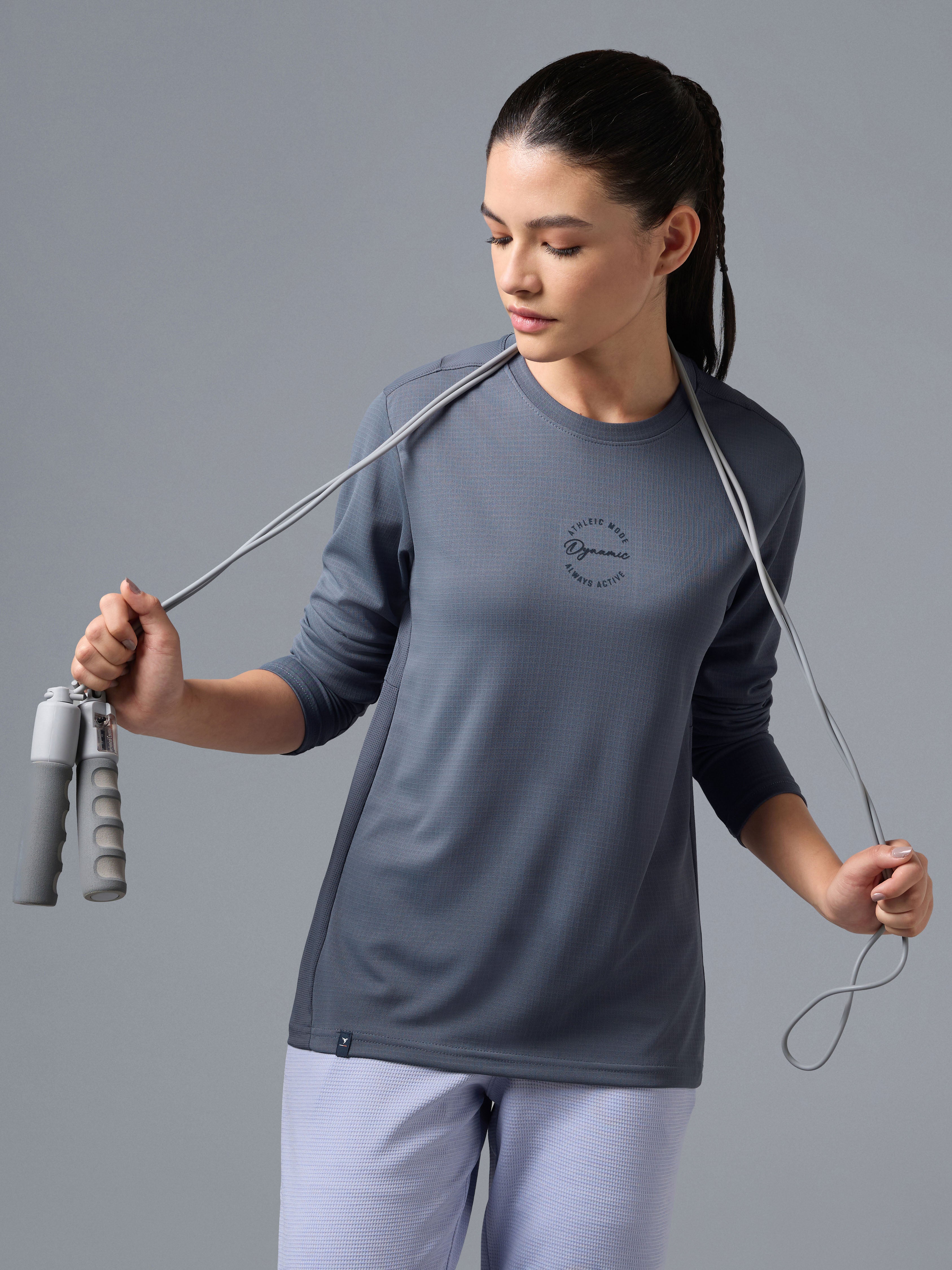 Women Printed Slim Fit Round Neck Full Sleeve Sports Tee with TECHNOCOOL+