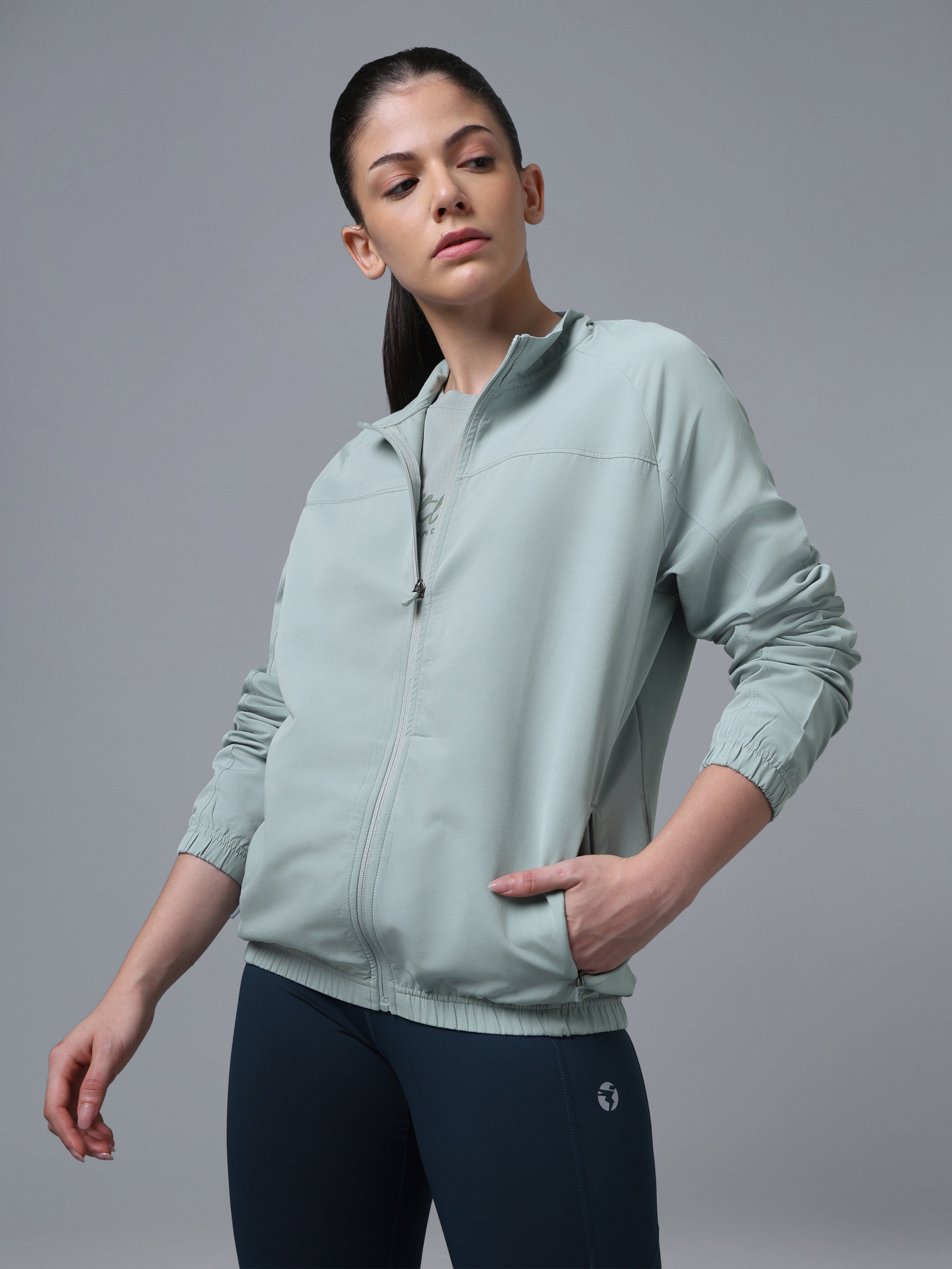 Women Solid Slim Fit Mock Neck Sports Jacket with TECHNOLITE