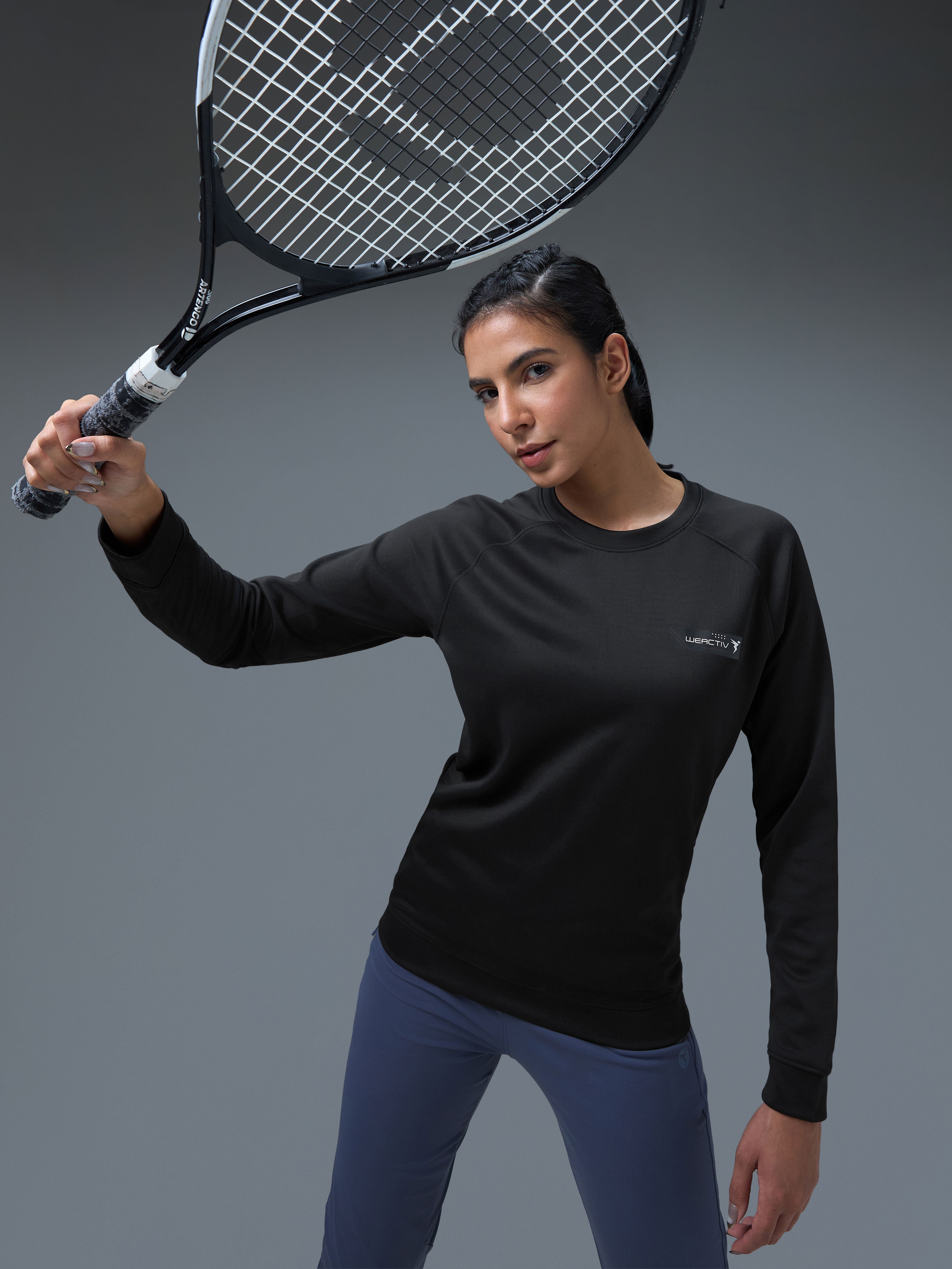 Women Printed Slim Fit Crew Neck Pullover with ELASTO PLUS