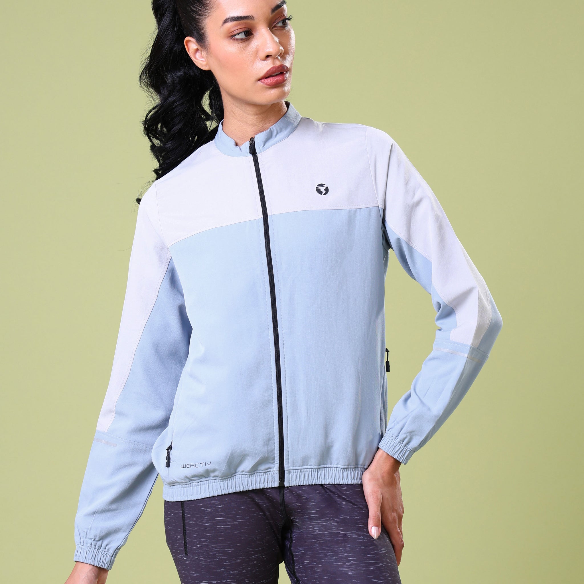 Women Colorblock Slim Fit Mock Neck Sports Jacket with TECHNOLITE