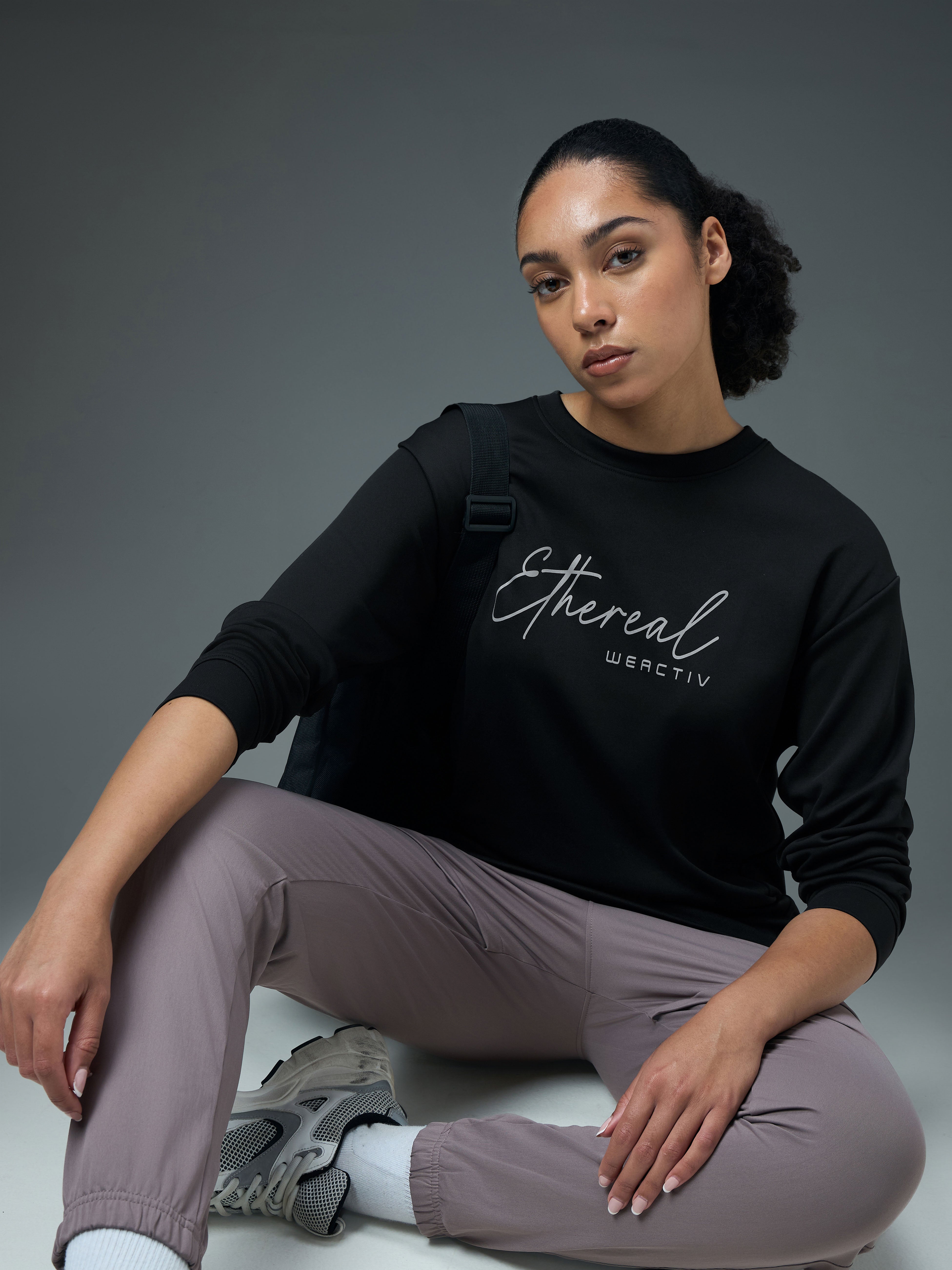Women Solid Slim Fit Round Neck Sports Sweatshirt with ELASTOPLUS