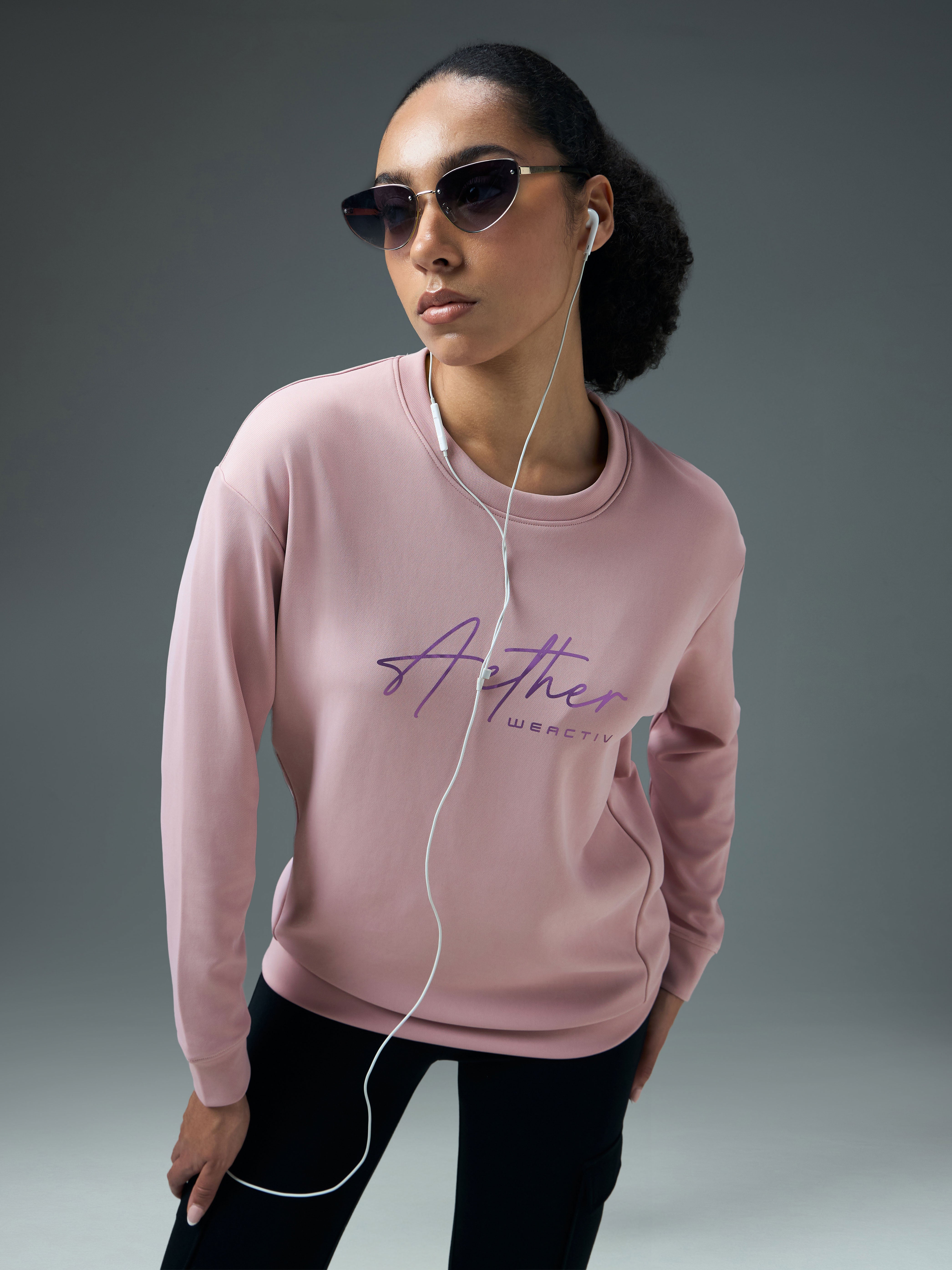Women Solid Slim Fit Round Neck Sports Sweatshirt with ELASTOPLUS