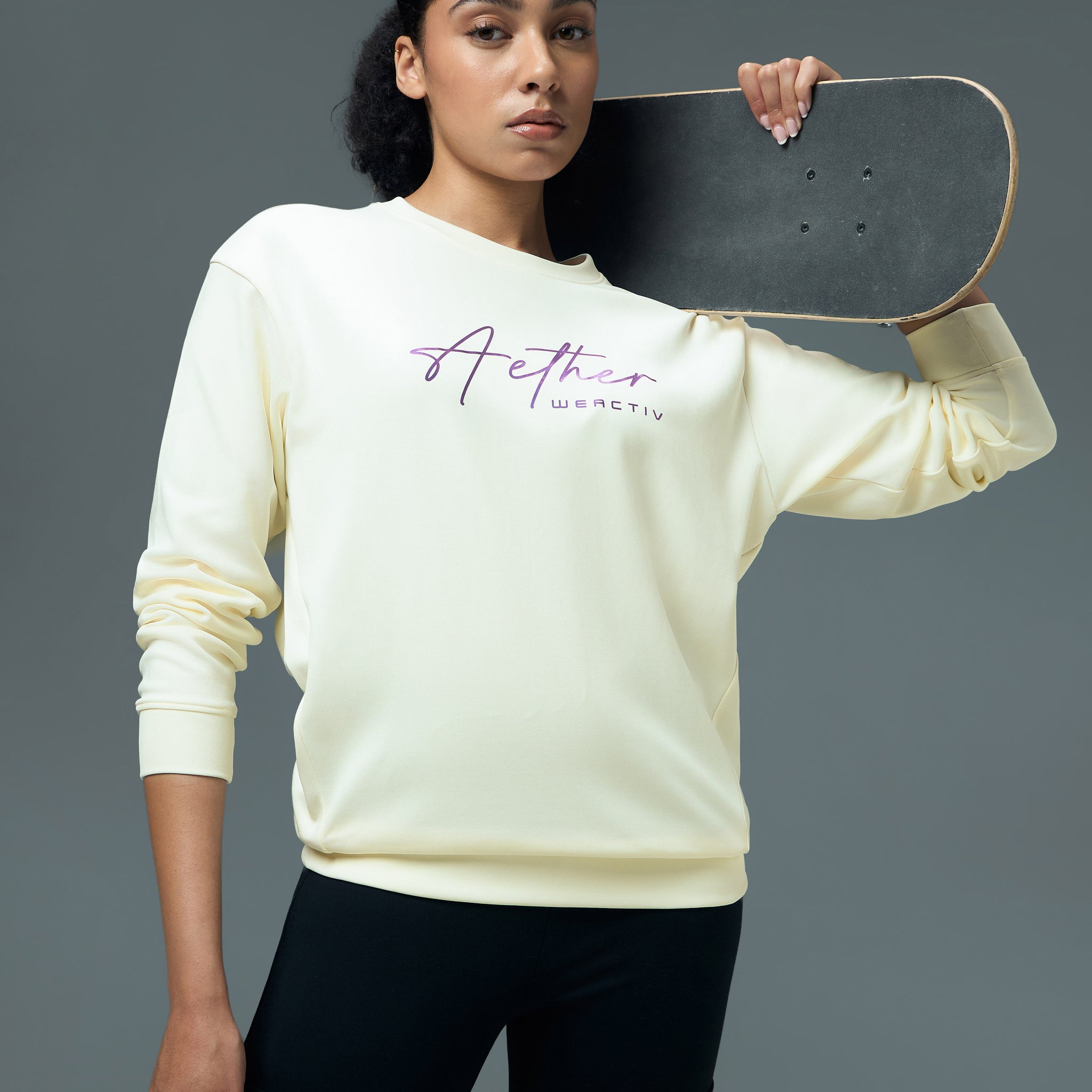 Women Solid Slim Fit Round Neck Sports Sweatshirt with ELASTOPLUS