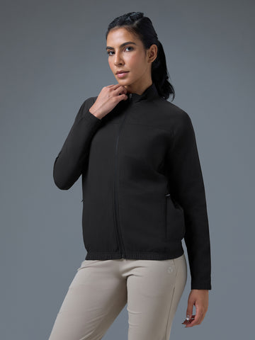 Women Solid Slim Fit Mock Neck Sports Jacket with TECHNOLITE