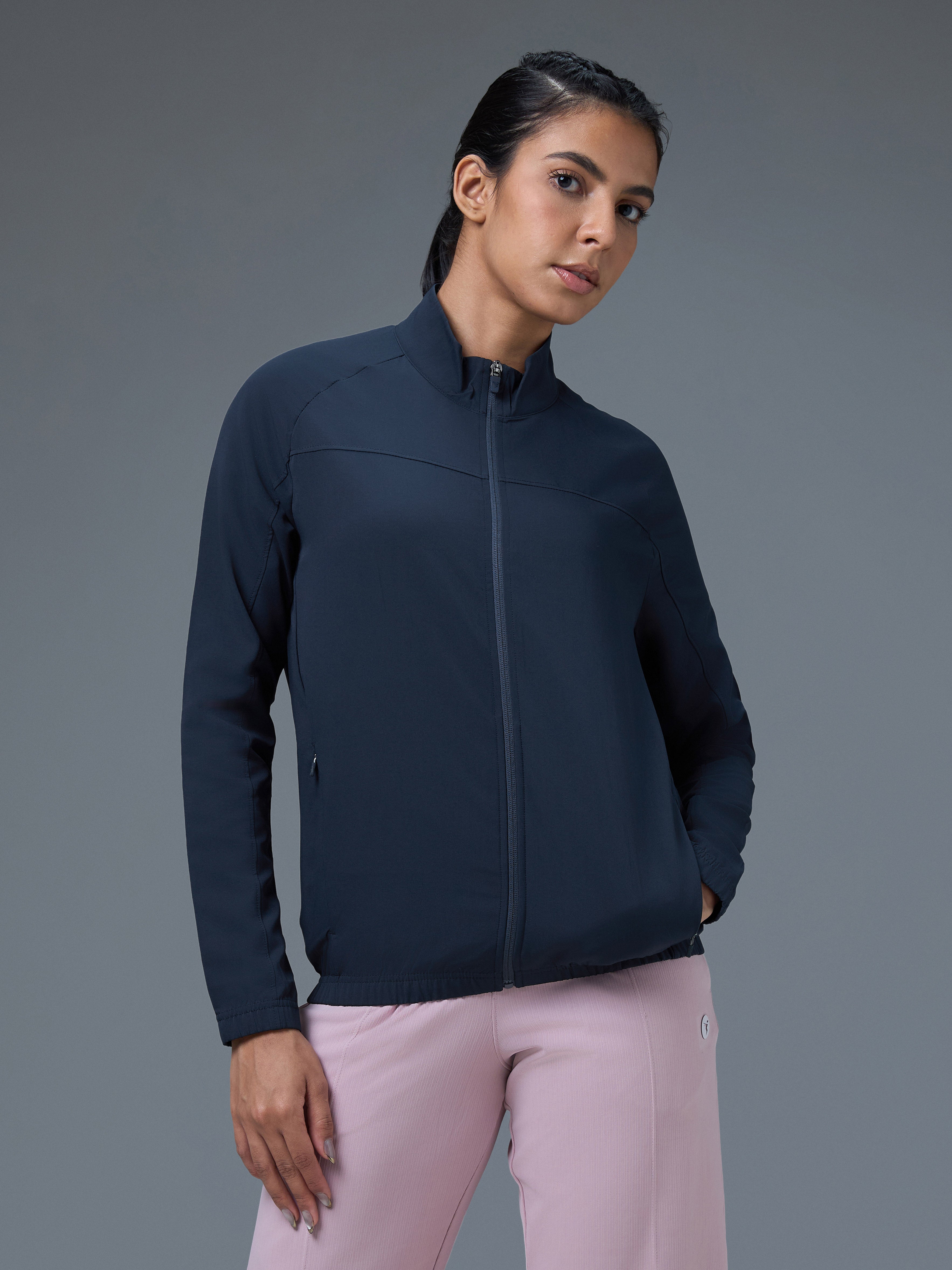 Women Solid Slim Fit Mock Neck Sports Jacket with TECHNOLITE