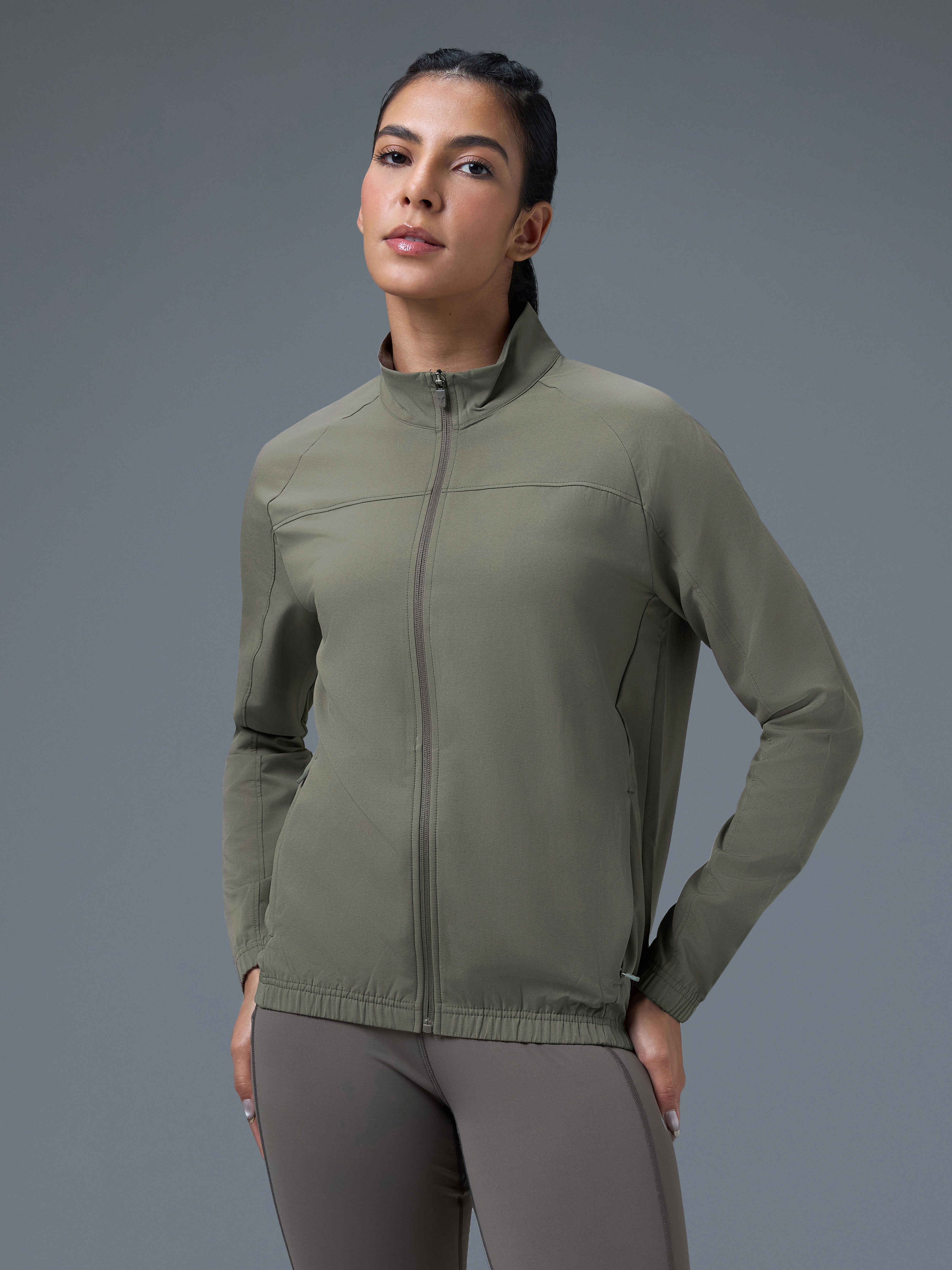 Women Solid Slim Fit Mock Neck Sports Jacket with TECHNOLITE