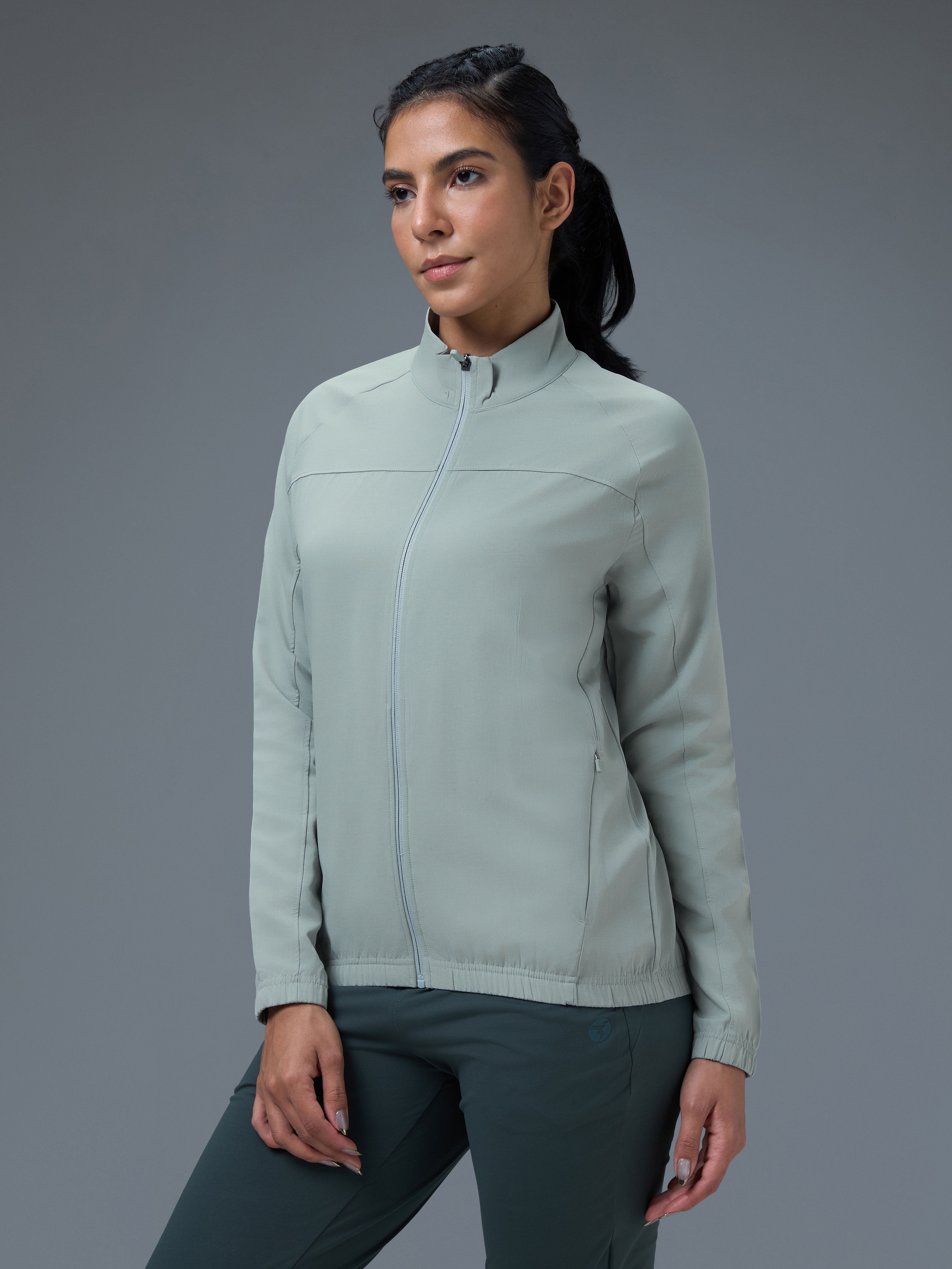 Women Solid Slim Fit Mock Neck Sports Jacket with TECHNOLITE