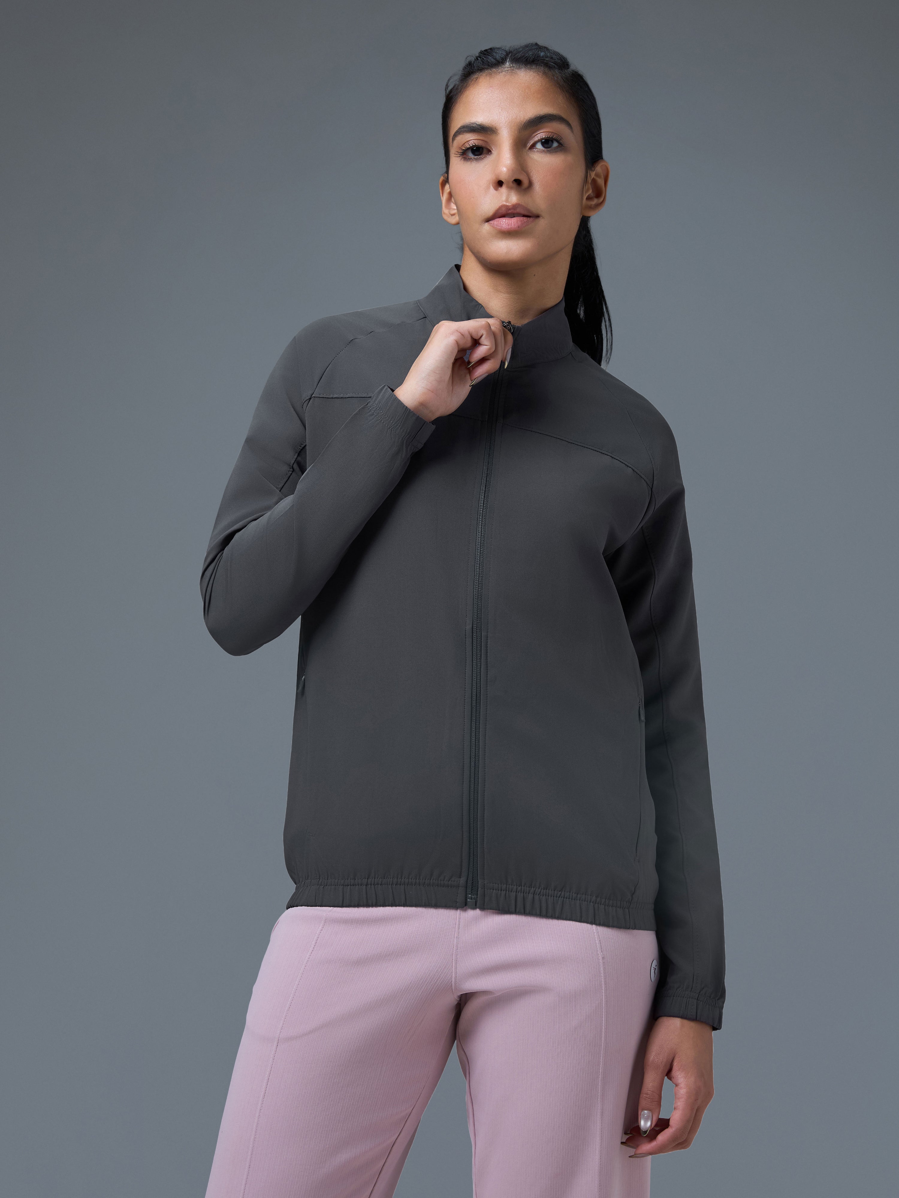 Women Solid Slim Fit Mock Neck Sports Jacket with TECHNOLITE