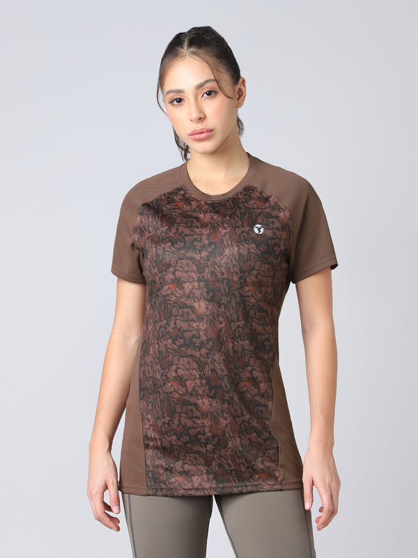 Women Abstract Print Slim Fit Crew Neck T-shirt with TECHNO COOL+