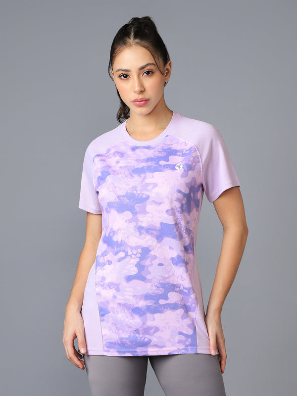 Women Abstract Print Slim Fit Crew Neck T-shirt with TECHNO COOL+