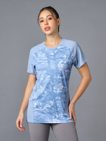 Women Abstract Print Slim Fit Crew Neck T-shirt with TECHNO COOL+