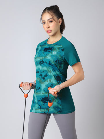 Women Abstract Print Slim Fit Crew Neck T-shirt with TECHNO COOL+