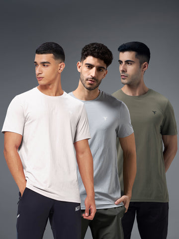 Men Solid Slim Fit pack of 3 Crew Neck T-shirt with COTFLEX