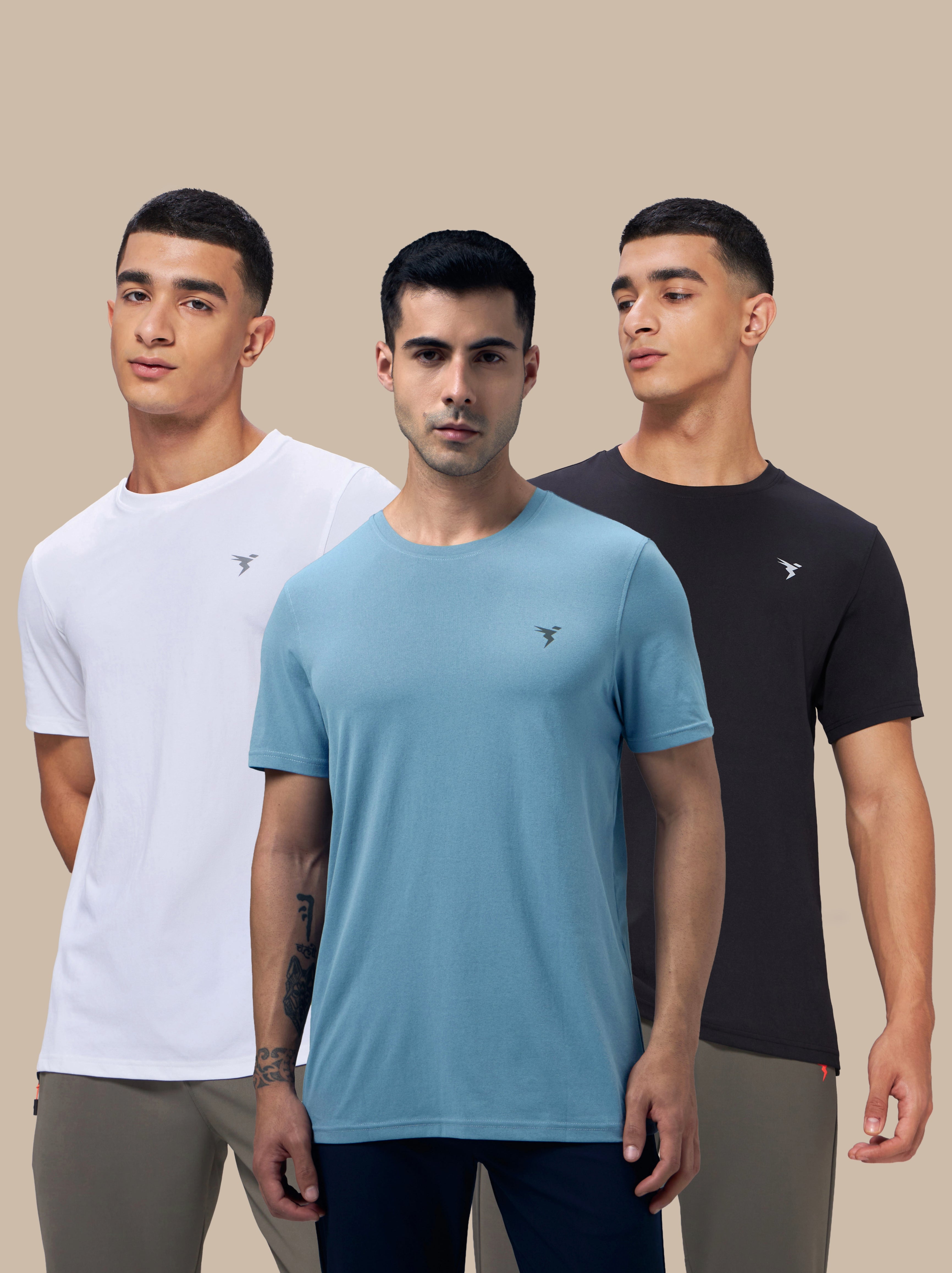 Men Solid Slim Fit pack of 3 Crew Neck T-shirt with COTFLEX