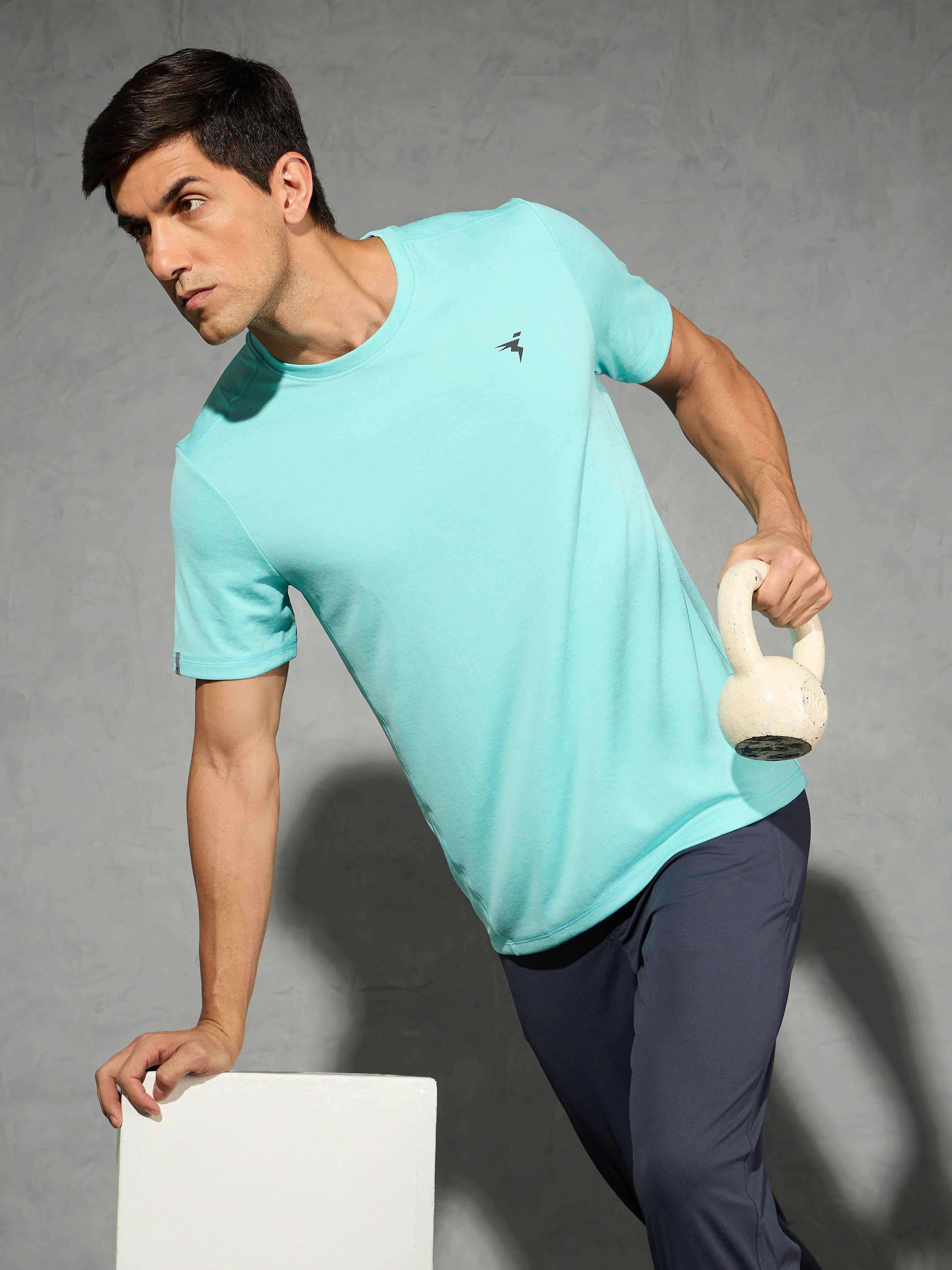 Men Solid Slim Fit Crew Neck T-shirt with DOUBLE COOL
