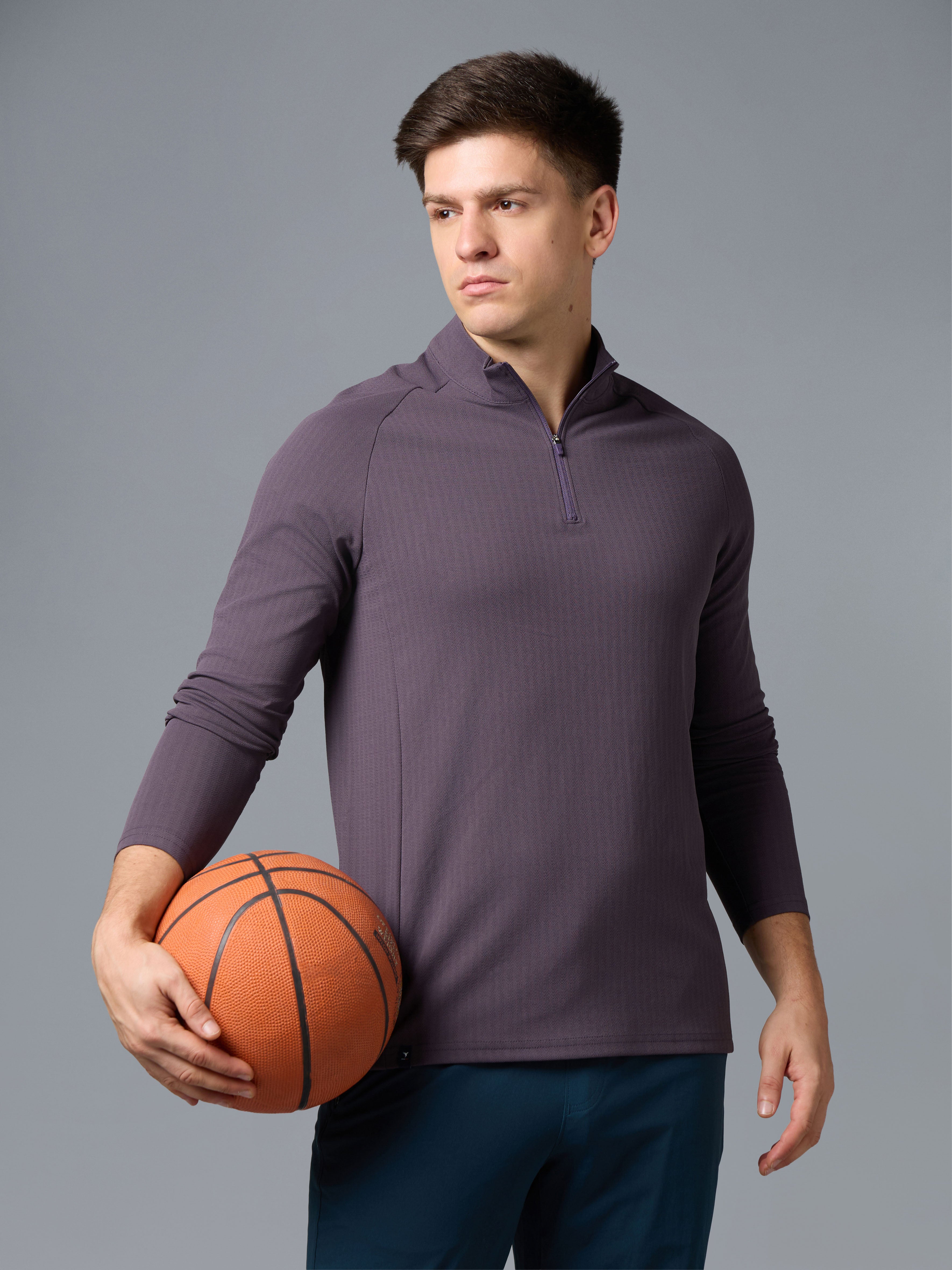 Men Solid Slim Fit Mock Neck Sports T-shirt with ELASTO PLUS