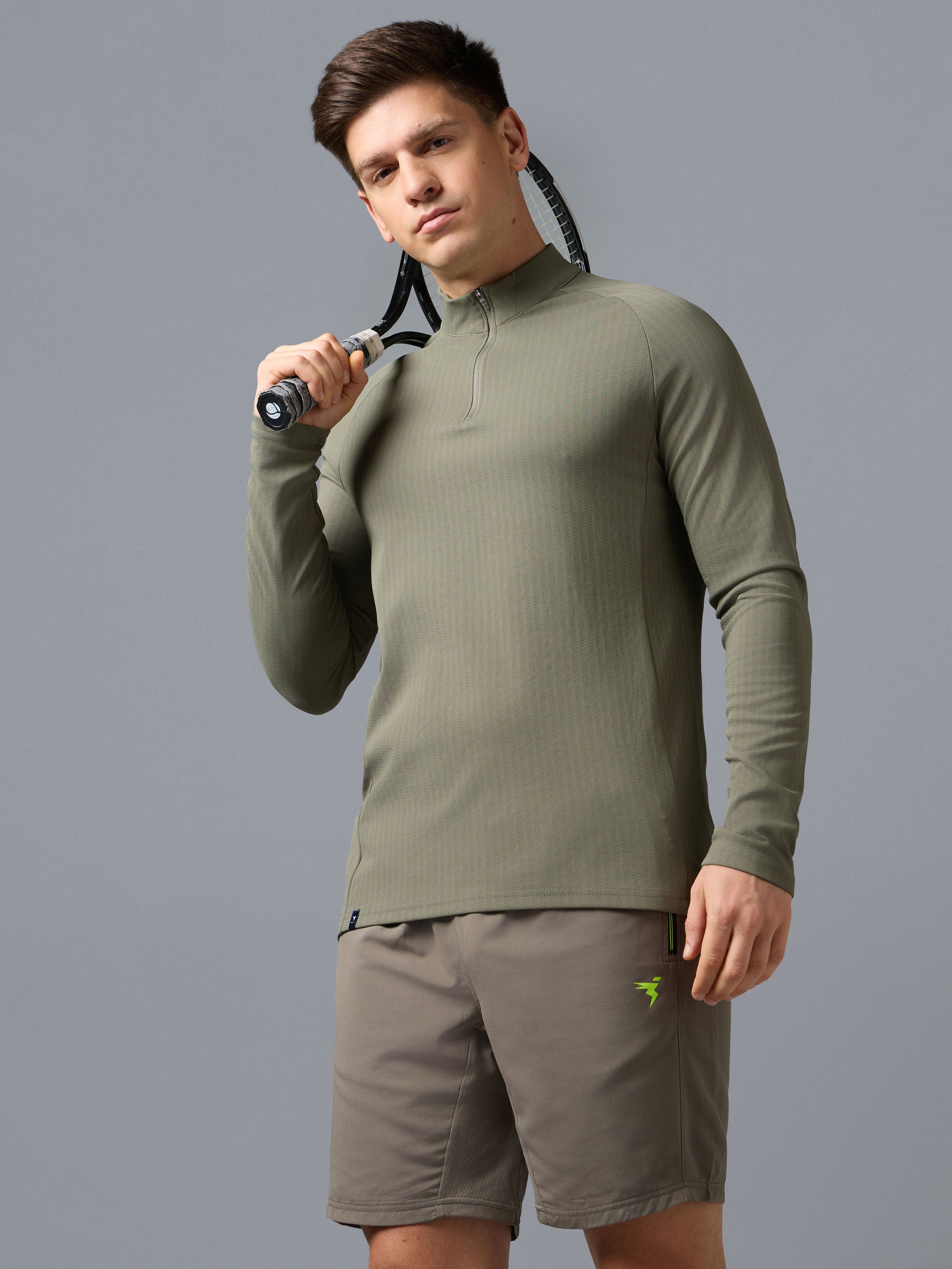 Men Solid Slim Fit Mock Neck Sports T-shirt with ELASTO PLUS