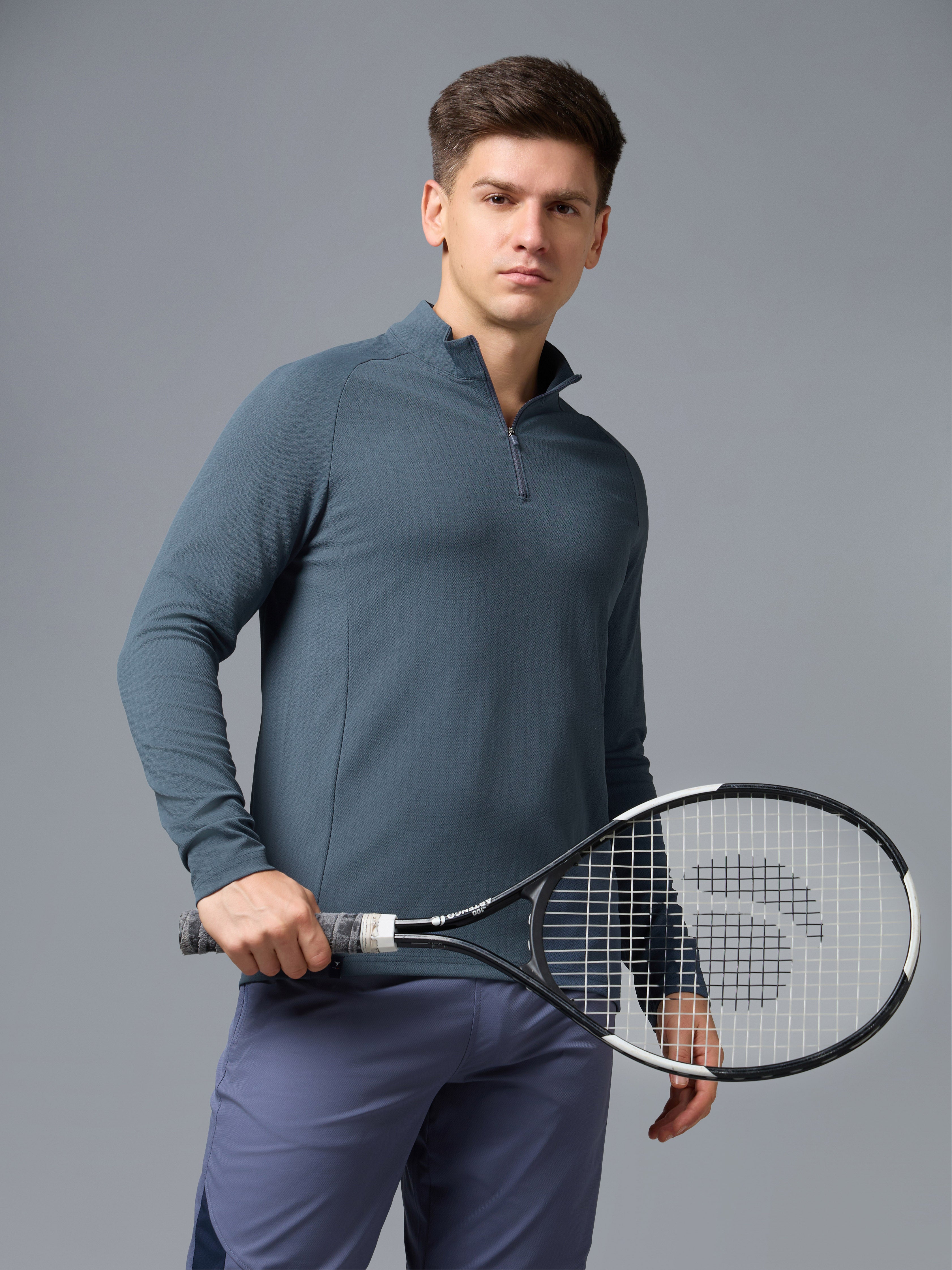 Men Solid Slim Fit Mock Neck Sports T-shirt with ELASTO PLUS