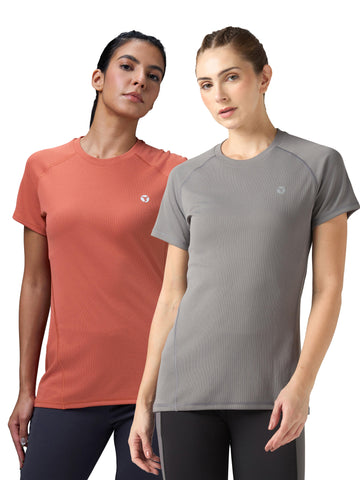 Women Pack of 2 Slim Fit Round Neck Sports Tee for Running, Gym & Yoga with TECHNO COOL