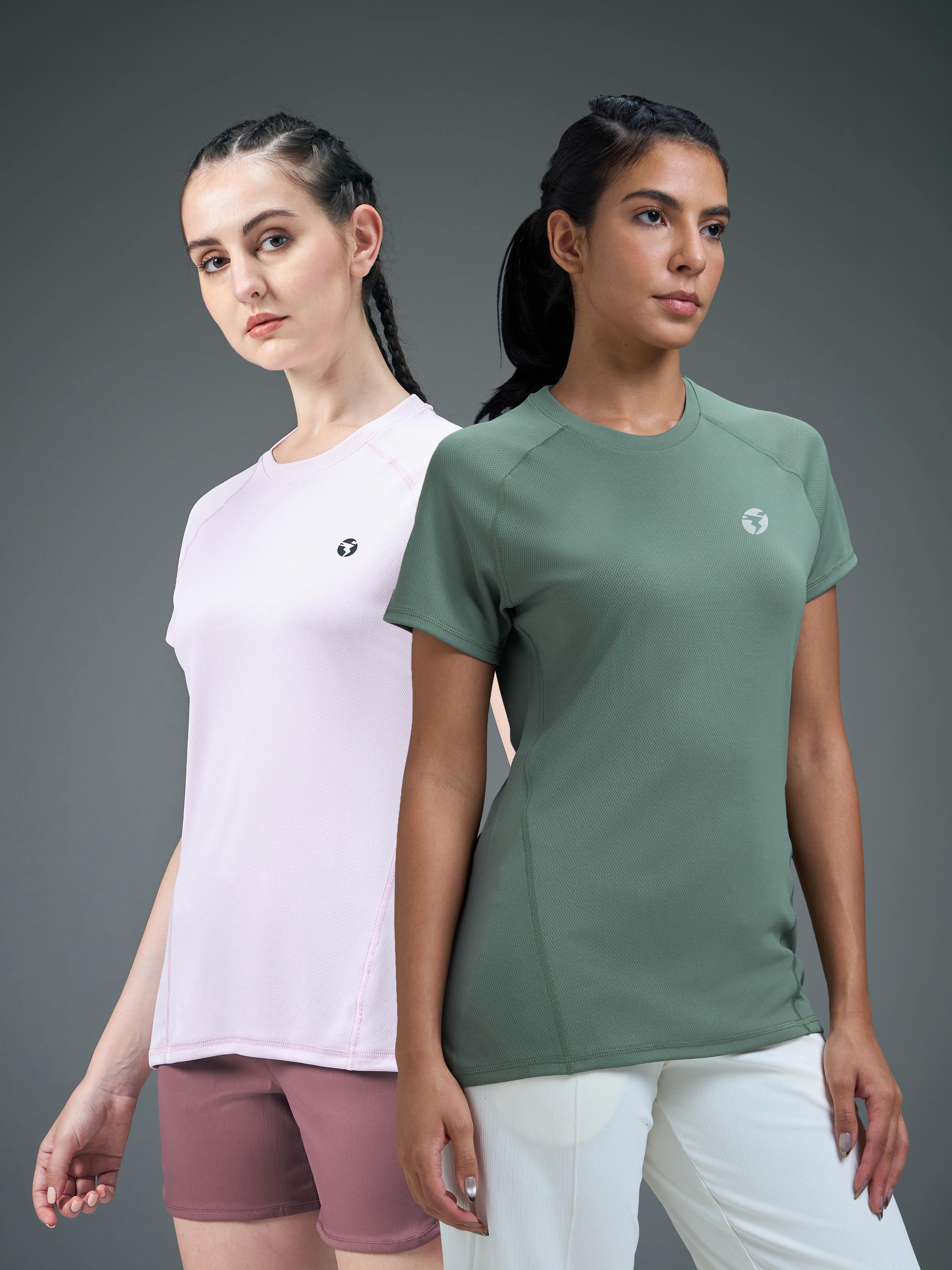 Women Pack of 2 Slim Fit Round Neck Sports Tee for Running, Gym & Yoga with TECHNO COOL