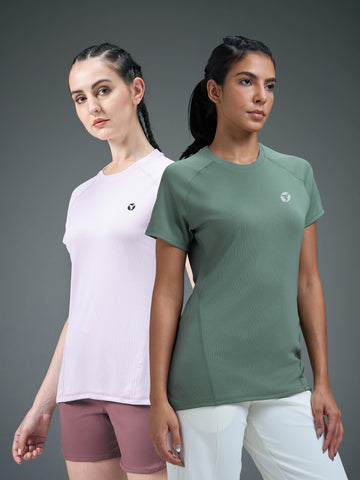 Women Pack of 2 Slim Fit Round Neck Sports Tee for Running, Gym & Yoga with TECHNO COOL