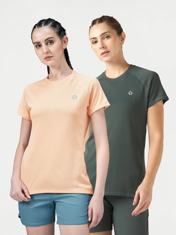 Women Pack of 2 Slim Fit Round Neck Sports Tee for Running, Gym & Yoga with TECHNO COOL