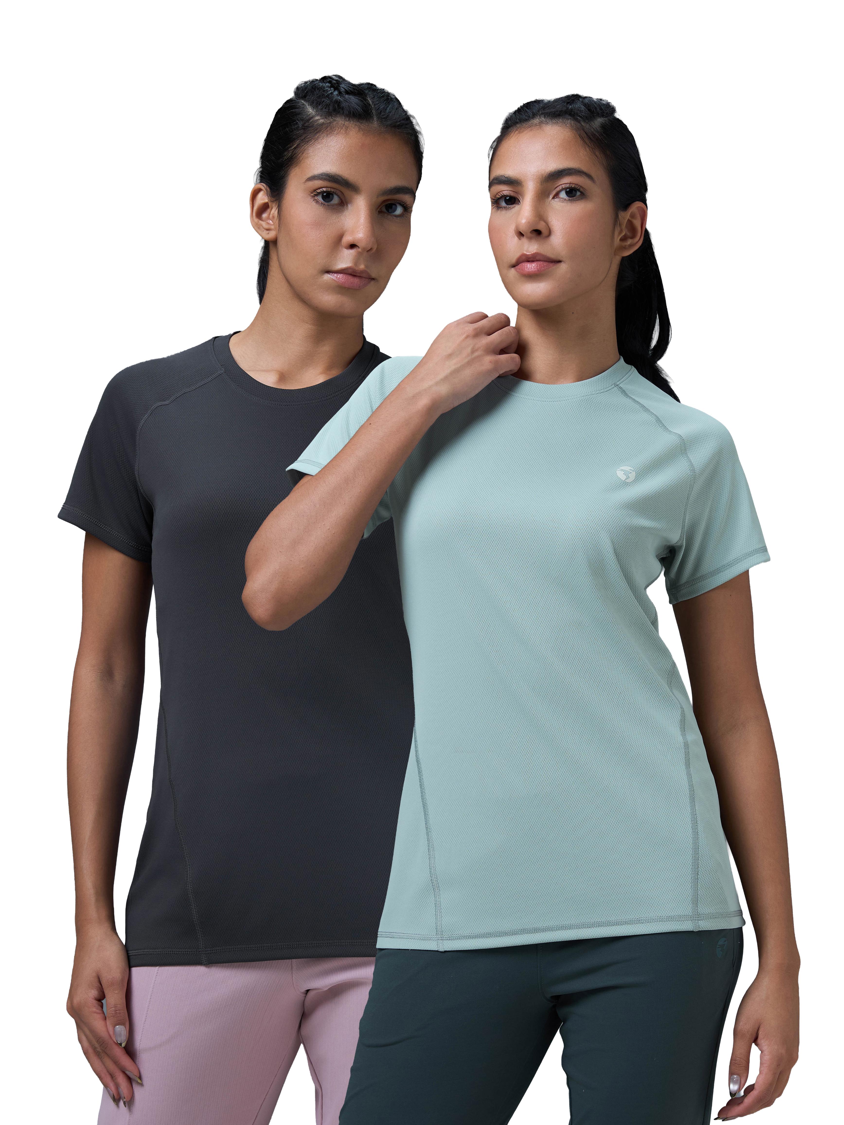 Women Pack of 2 Slim Fit Round Neck Sports Tee for Running, Gym & Yoga with TECHNO COOL