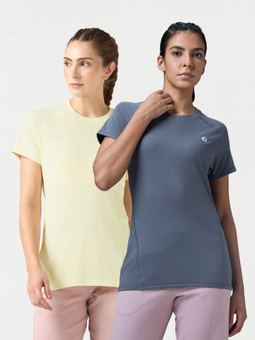 Women Pack of 2 Slim Fit Round Neck Sports Tee for Running, Gym & Yoga with TECHNO COOL