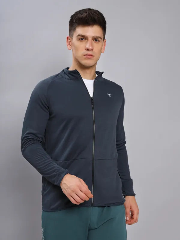 Men Solid Slim Fit Mock Neck Jacket with TECHNO DRY