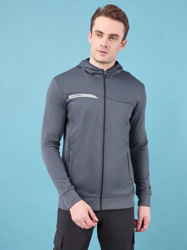 Men Solid Slim Fit Hooded Jacket with TECHNO DRY