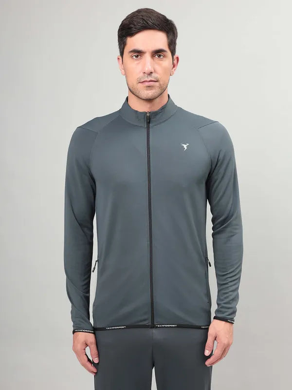 Men Solid Slim Fit Mock Neck Jacket with TECHNO DRY