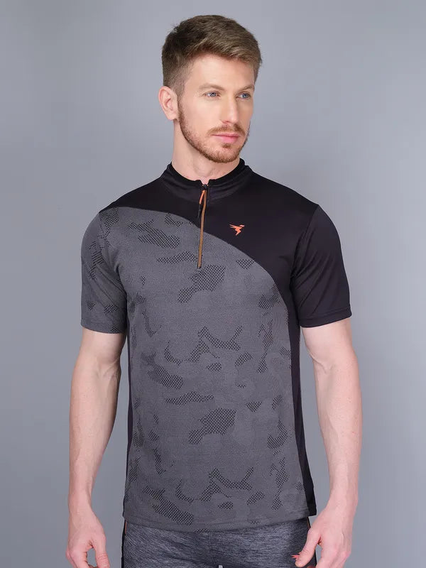 Men Self Design Slim Fit Mock Neck T-shirt with VENTMESH