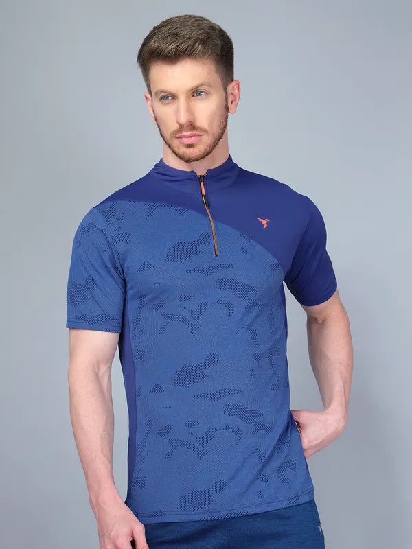 Men Self Design Slim Fit Mock Neck T-shirt with VENTMESH