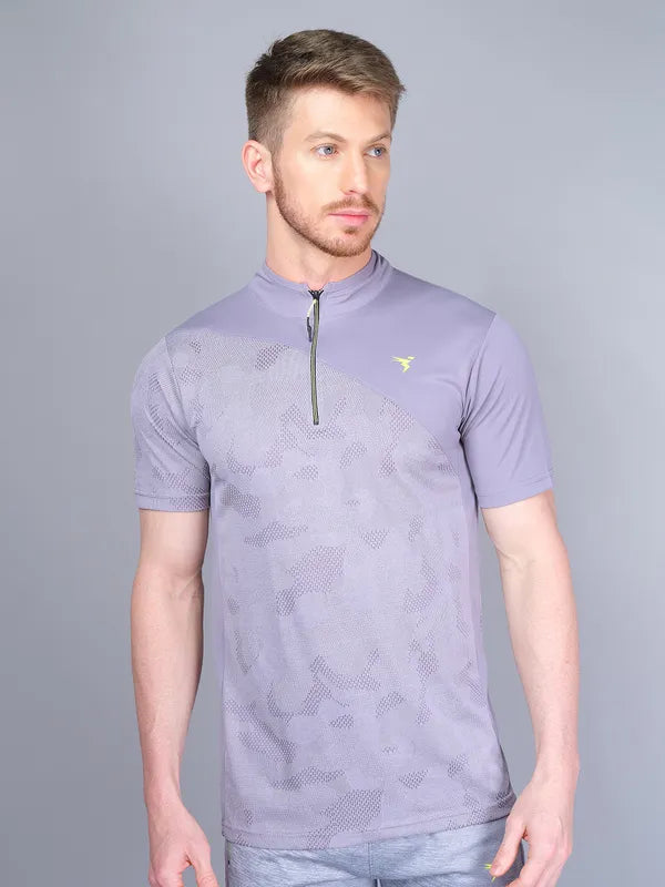 Men Self Design Slim Fit Mock Neck T-shirt with VENTMESH