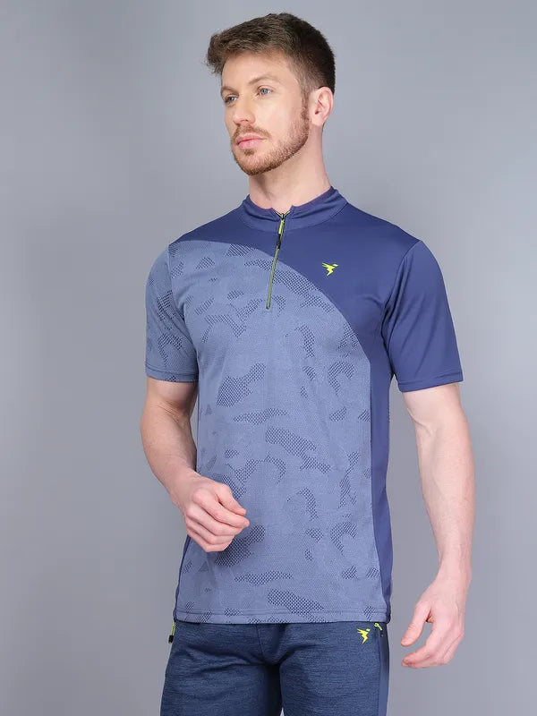 Men Self Design Slim Fit Mock Neck T-shirt with VENTMESH
