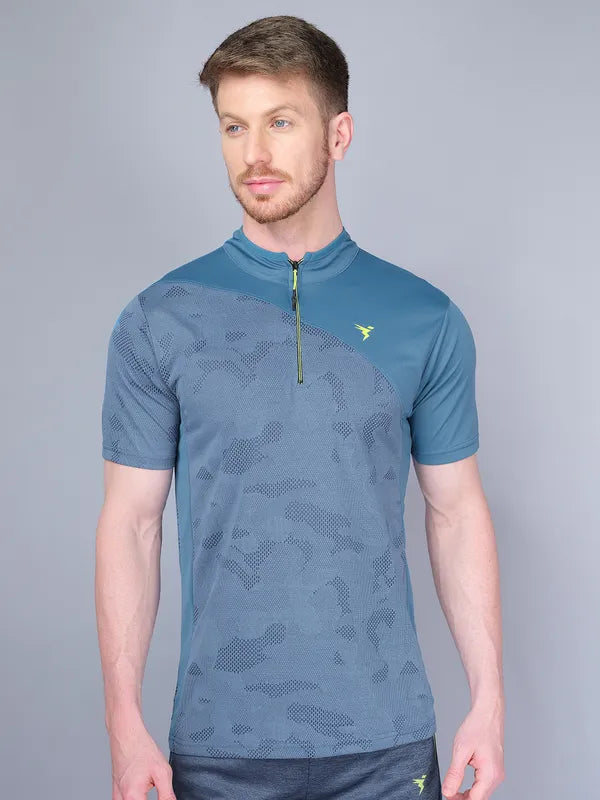Men Self Design Slim Fit Mock Neck T-shirt with VENTMESH