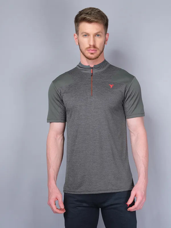 Men Melange Slim Fit Mock Neck T-shirt with DOUBLE COOL