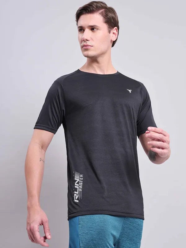 Men Self Design Slim Fit Crew Neck T-shirt with VENTMESH