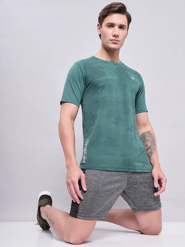 Men Self Design Slim Fit Crew Neck T-shirt with VENTMESH