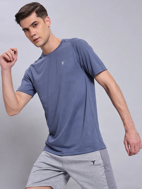 Men Self Design Slim Fit Crew Neck T-shirt with VENTMESH
