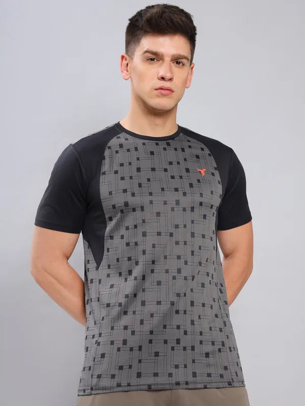Men Self Design Slim Fit Crew Neck T-shirt with DOUBLE COOL